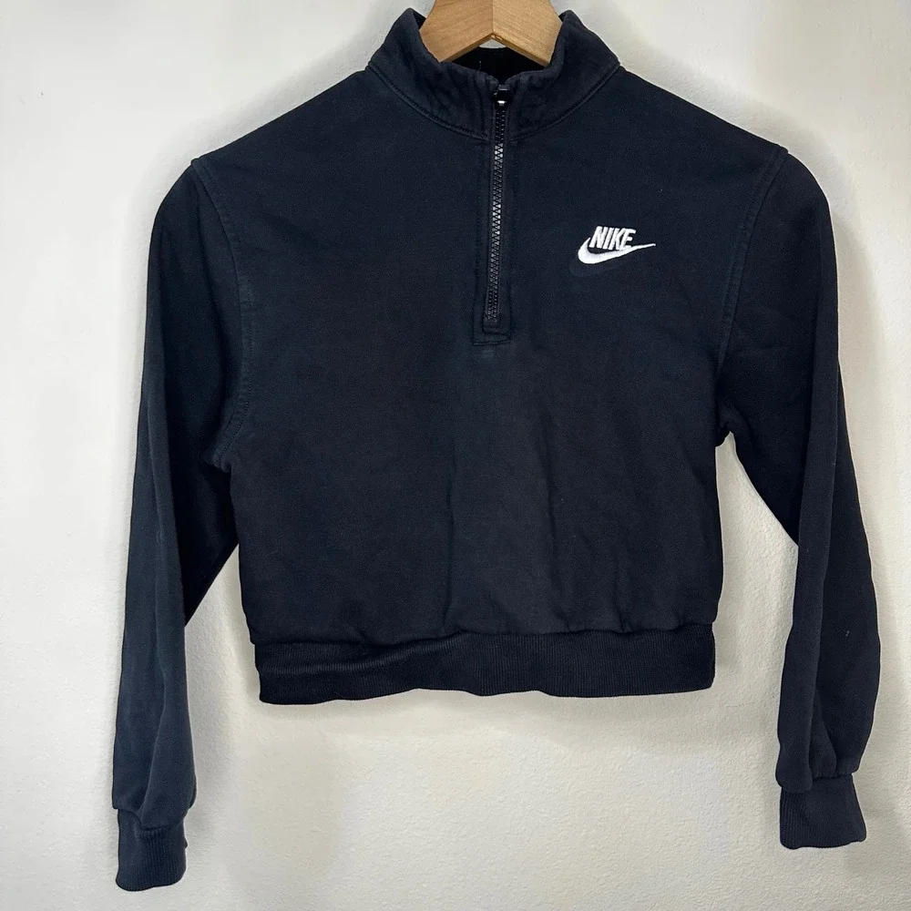 Nike Kids Black Cropped‎ Quarter Zip Sweatshirt Fleece Pullover Top Size M
